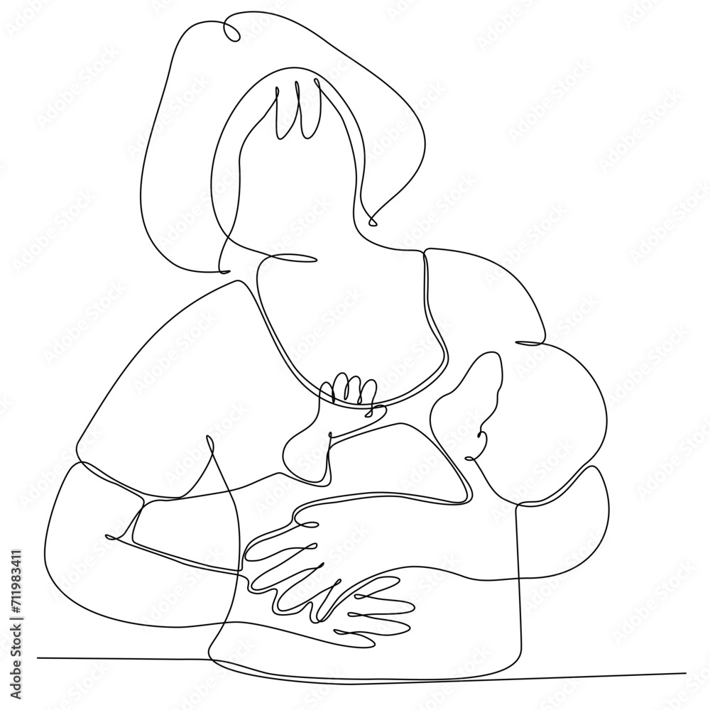 a continuous line drawn silhouette image of a breastfeeding woman drawn by a child. line art. mother character feeding newborn baby a continuous line drawn silhouette image of a breastfeeding woman drawn by a child. line art. mother character feeding newborn baby