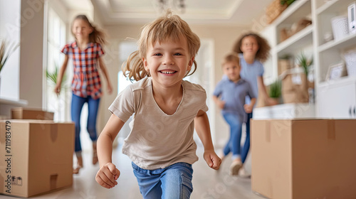Happy young family with cardboard boxes in new home at moving day concept, excited children running into big modern own house hallway, parents with belongings at background, mortgage loan, relocation © Sasint