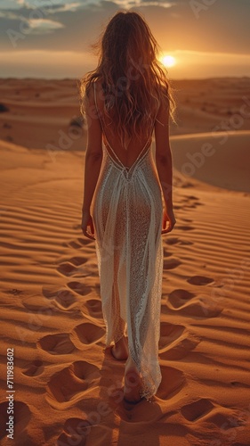 The concept of a youthful, attractive girl in a dress in a desert of sand. Idea of the desert queen