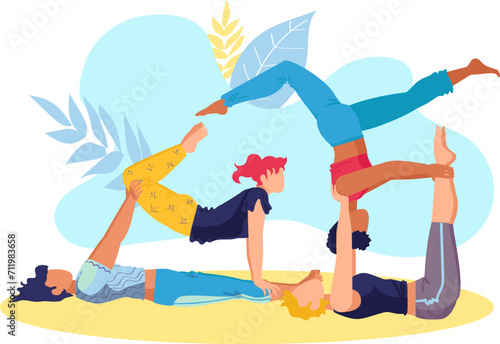 Three people practicing acro yoga together with balance and flexibility. Adults in acrobatic yoga pose on mat vector illustration.
