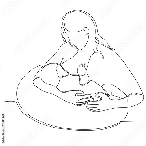 a continuous line drawn silhouette image of a breastfeeding woman drawn by a child. line art. mother character feeding newborn baby
