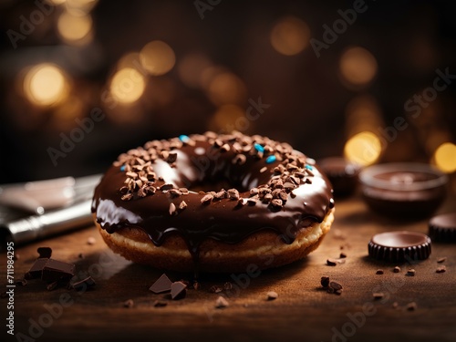 Chocolate doughnut in studio lighting and background, cinematic food photography, donut dessert 