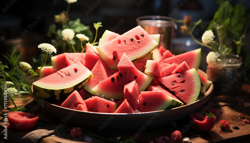 Fresh watermelon slice on a wooden table, perfect summer dessert generated by AI Fresh watermelon slice on a wooden table, perfect summer dessert generated by AI