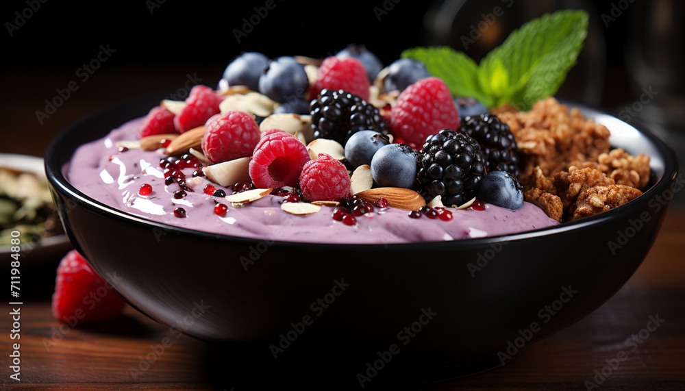 Freshness of berries in a gourmet dessert, served in a wooden bowl generated by AI Freshness of berries in a gourmet dessert, served in a wooden bowl generated by AI