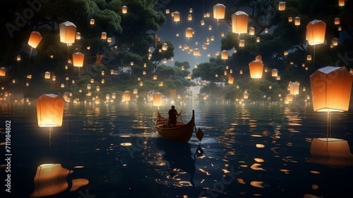 Render a superyacht sailing through a field of floating lanterns on a peaceful lake at night.