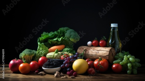 Fresh fruit and vegetables harvested on wooden table, apple grapes tomatoes strawberries broccoli.