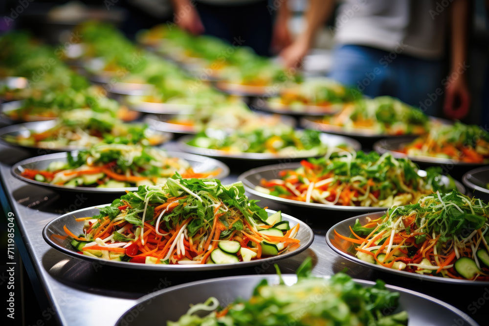 Many plates of vegetable salad in commercial kitchen