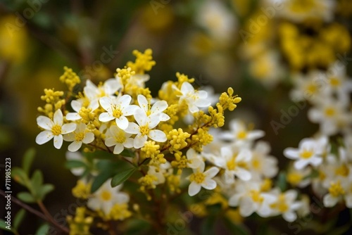 White flowers on yellow bush. Generative AI