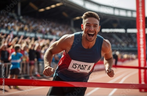 Fit Athlete Finishing a Sprint Run at a Crowded Arena with Cheering Spectators. Young Man Crossing the Finish Line with a Red Ribbon from Generative AI