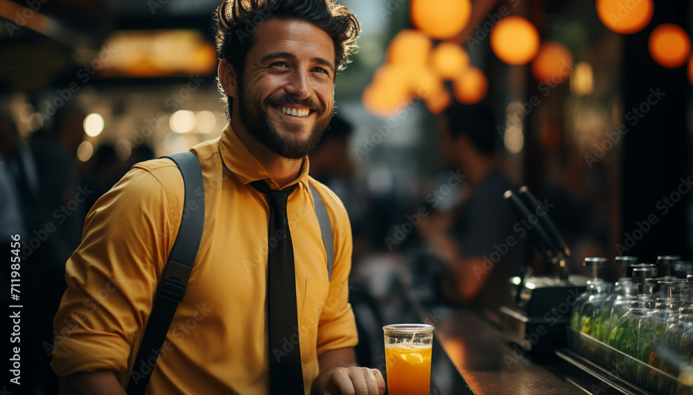 Fototapeta premium A cheerful young man enjoying a drink at a bar generated by AI