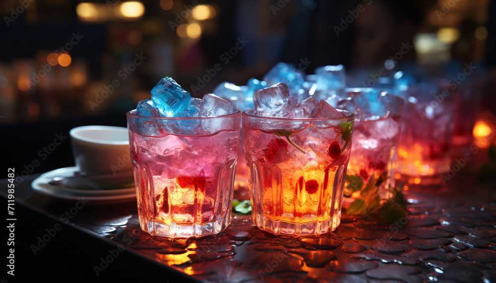 Refreshing cocktail on a bar counter, illuminated by blue lights generated by AI Refreshing cocktail on a bar counter, illuminated by blue lights generated by AI