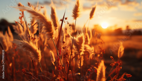 Sunset over meadow  golden wheat dances in vibrant summer sky generated by AI