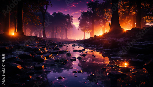 Tranquil scene sunset over forest  mysterious beauty in nature generated by AI