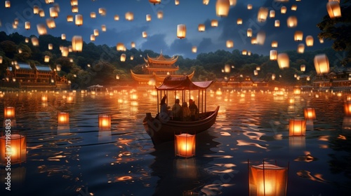 Render a superyacht sailing through a field of floating lanterns on a peaceful lake at night.