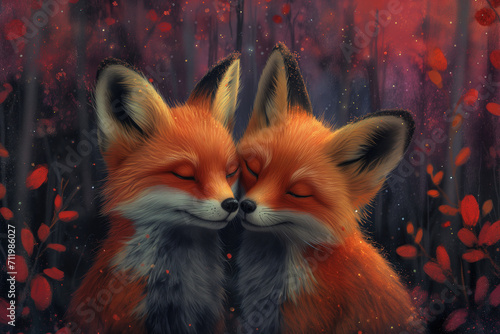 Greeting card on Valentine's Day with a couple of foxes in love.