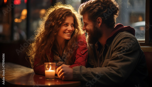 Young couple sitting at a table  smiling and embracing affectionately generated by AI