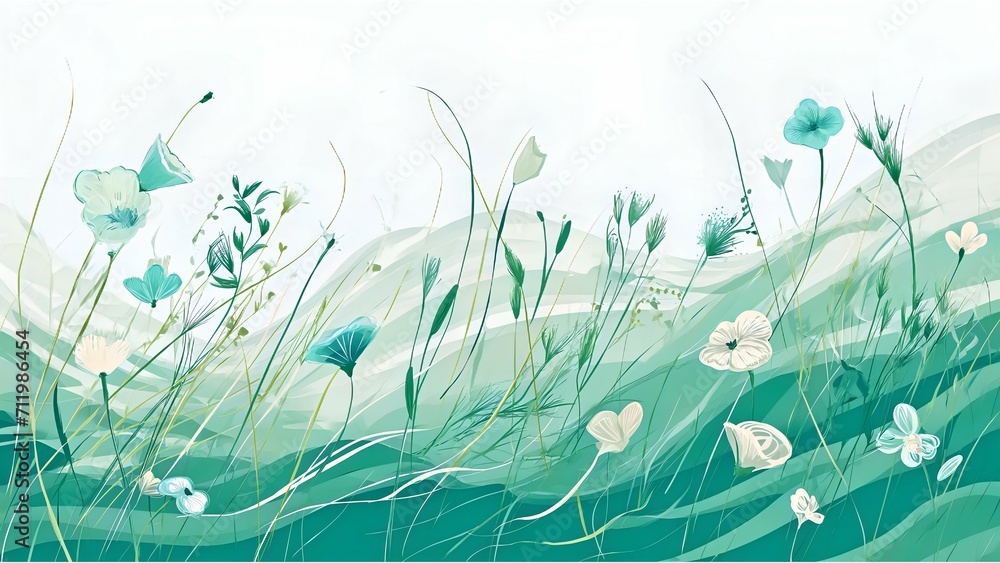 A watercolor-style painting featuring translucent blue flowers and green leaves, conveying a light and serene impression.
