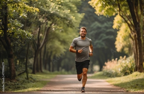 Portrait of a male Jogger Running in a Park on a Health Trail. Healthy and Enjoying Physical Activity and Staying in Shape from Generative AI