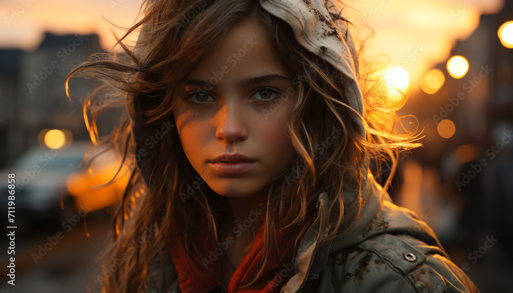 One young woman, outdoors, looking at camera, beauty, smiling generated by AI One young woman, outdoors, looking at camera, beauty, smiling generated by AI