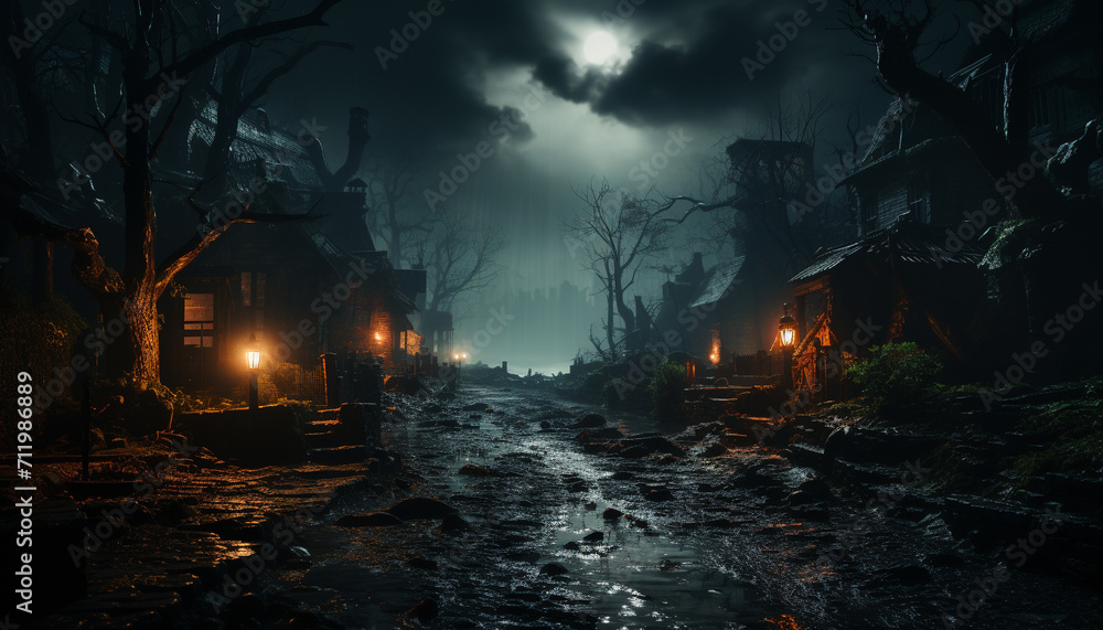 Spooky night, dark horror, evil tree, Halloween mystery outdoors generated by AI Spooky night, dark horror, evil tree, Halloween mystery outdoors generated by AI