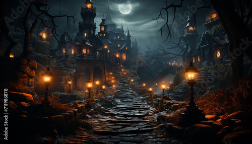 Spooky Halloween night, dark horror, lantern outdoors, foggy tombstone fear generated by AI