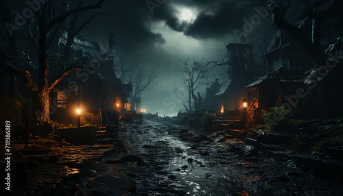 Spooky night, dark horror, evil tree, Halloween mystery outdoors generated by AI