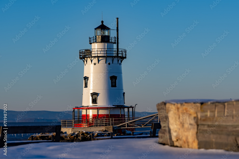 Tarrytown Light, AKA Kingsland Point Light and Sleepy Hollow Light, Village of Sleepy Hollow, NY, Winter photo of the historic Lighthouse located on the Hudson River.   01-17-2024