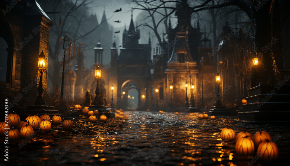 Spooky Halloween night, pumpkin lanterns illuminate old tombstones generated by AI