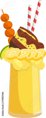 Tropical cocktail glass with skewer of meatballs, cake slice, banana slices, lime, whipped cream, and striped straws. Festive beverage with extravagant garnish vector illustration.