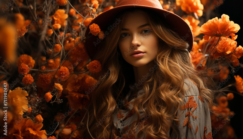 Young woman in autumn, smiling, looking at camera, surrounded by nature generated by AI Young woman in autumn, smiling, looking at camera, surrounded by nature generated by AI