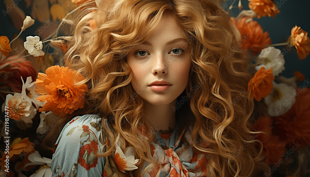 A cute, curly haired woman with long blond hair, smiling outdoors generated by AI A cute, curly haired woman with long blond hair, smiling outdoors generated by AI