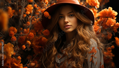 Young woman in autumn, smiling, looking at camera, surrounded by nature generated by AI
