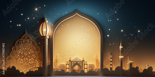 3d rendering of ramadan kareem background with mosque door photo