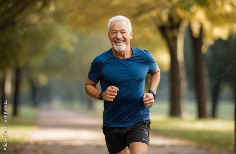 Portrait of a Senior Male Jogger Running in a Park on a Health Trail. Healthy and Fit Elderly Man Enjoying Physical Activity from Generative AI Portrait of a Senior Male Jogger Running in a Park on a Health Trail. Healthy and Fit Elderly Man Enjoying Physical Activity from Generative AI