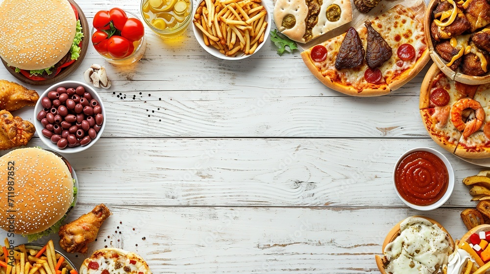 Junk food top border. Pizza, hamburgers, chicken wings and salty snacks. Above view over a white wood banner background