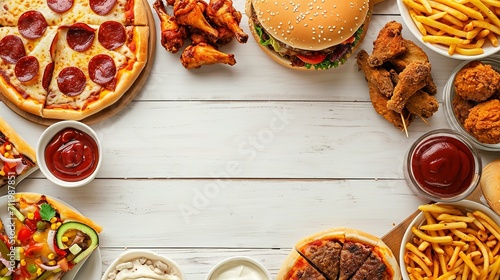 Junk food top border. Pizza, hamburgers, chicken wings and salty snacks. Above view over a white wood banner background