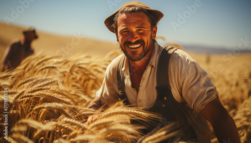 Smiling farmer in nature, harvesting wheat under the sun generated by AI
