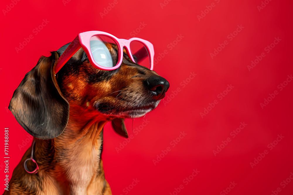 dachshund wearing pink glasses on red background