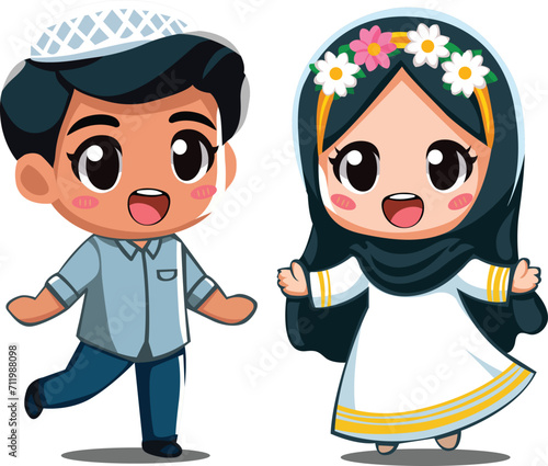 Cute Muslim Boy and Girl Wearing Traditional Clothes Vector Illustration. Ramadan kareem, eid mubarak, muslim and eid fitr concept.