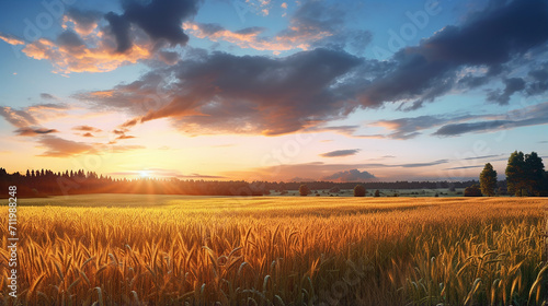 a panoramic view of a wide agricultural grain field in sunset