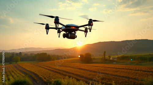 At sunset smart agriculture drone flying in sky rural landscape