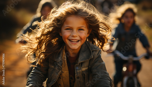 Smiling child enjoys playful outdoor activities with carefree young adults generated by AI