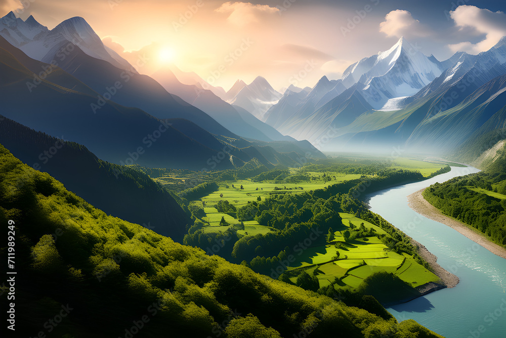 The majesty of nature: breathtaking views of valleys, mountains, and rivers in perfect harmony generative ai