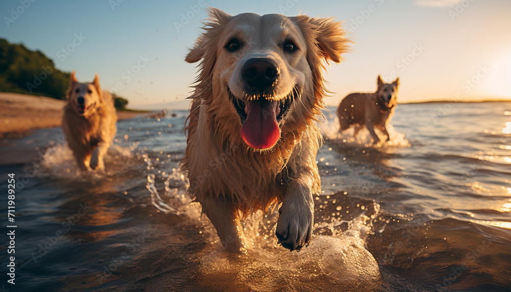 A playful purebred retriever enjoys the outdoors, running in the water generated by AI