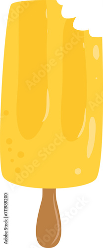 Bitten yellow popsicle on a wooden stick. Melting ice cream on white background vector illustration.