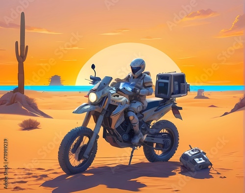夕陽の砂漠とバイクを乗るアンドロイドイラスト © 月とサカナ SNAO