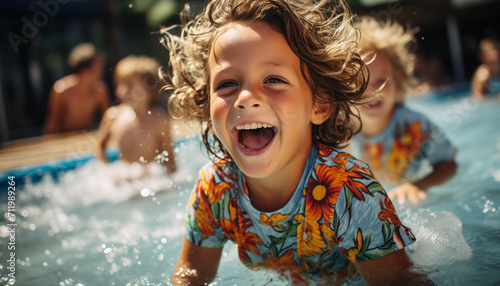 Smiling children enjoy summer fun, playing in the swimming pool generated by AI photo