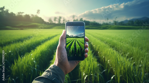 smart farmer holding smartphone rice fields production photo