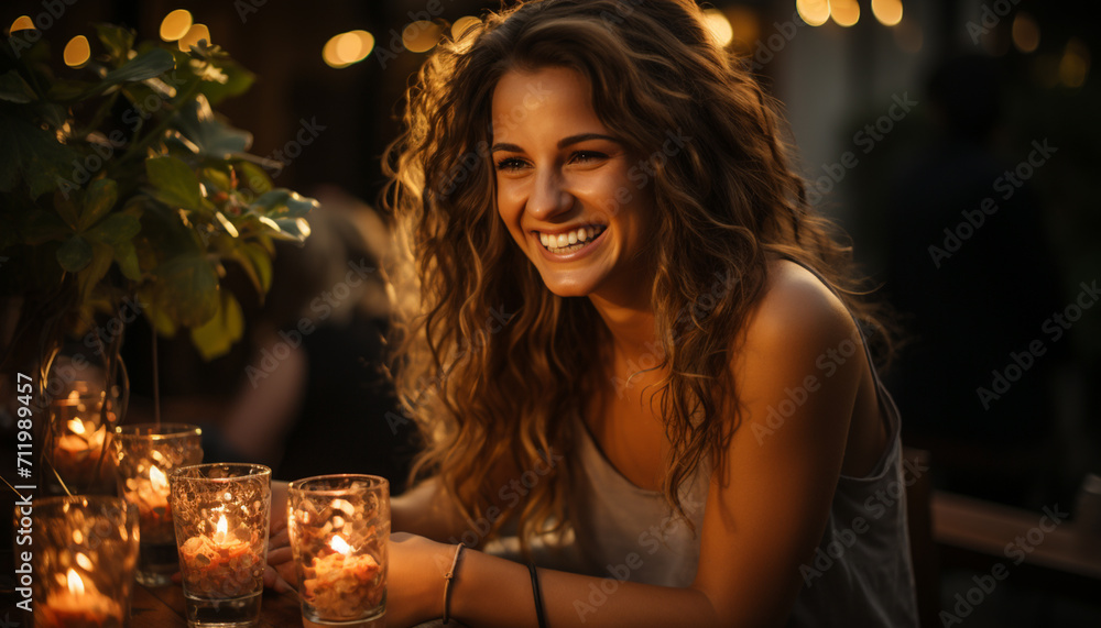 A young woman enjoying a drink, smiling and relaxed generated by AI A young woman enjoying a drink, smiling and relaxed generated by AI