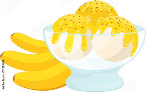 Bowl of banana ice cream with whole bananas. Sweet dessert illustration, yellow ice cream scoops. Delicious frozen treat concept vector illustration.